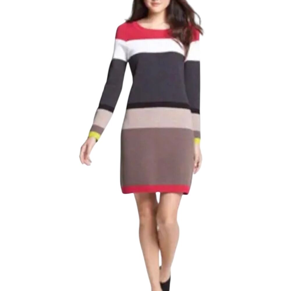 Eliza J Sweater Dress Medium‎ Women Colorblock Crewneck Elbow Patches Pullover